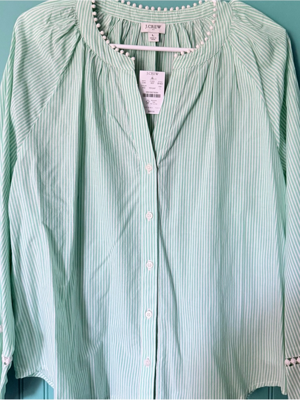 J. Crew Factory Mint Green and White Striped Button-Up Blouse